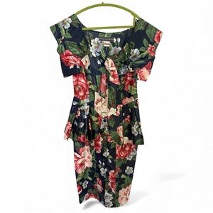 Karen Alexander Vintage 1980s Floral Corset Midi Dress Romantic Ruffle Size 12